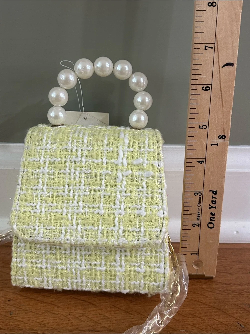 NWT Kids Mini Yellow Tweed Plaid Crossbody Purse Pearl Handle